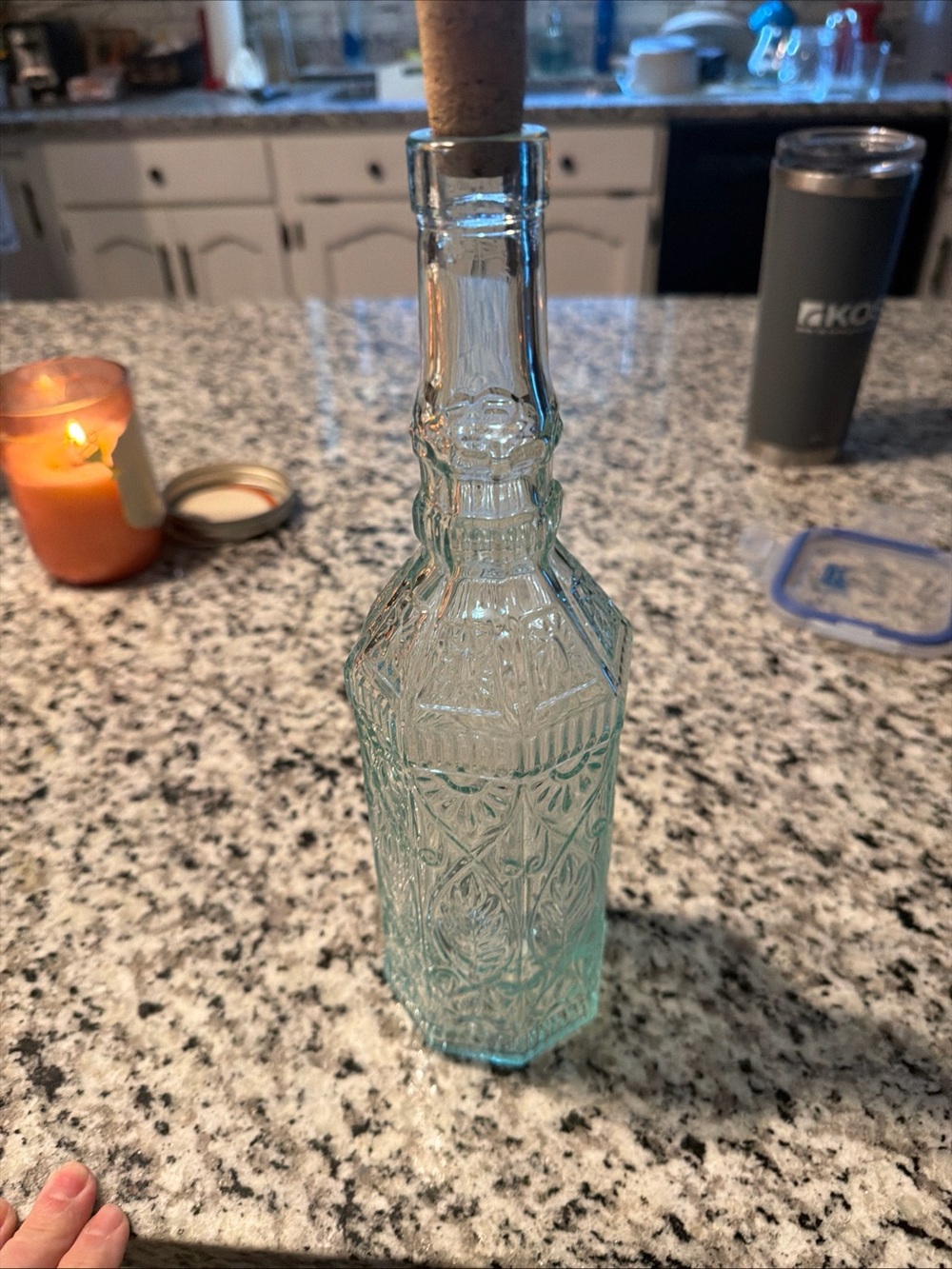 Source Unknown Aqua Embossed Glass Bottle Decanter
